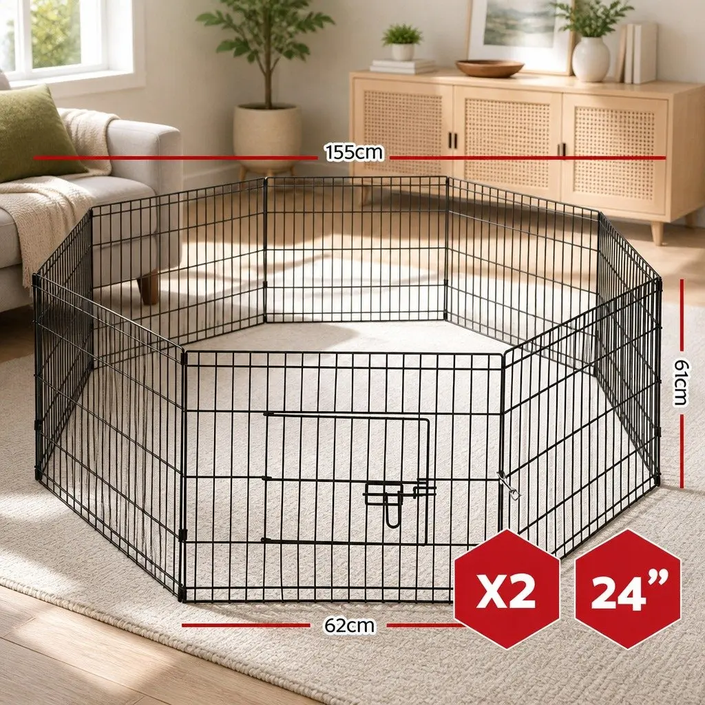 8 Panel Dog Playpen Pet Fence Exercise Cage Enclosure Pen 24" Black Foldable