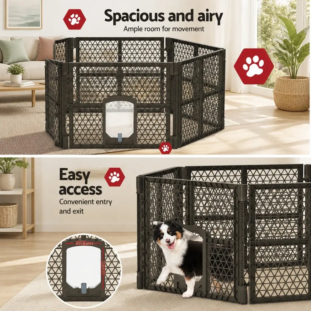 Dog Playpen Enclosure Brown 6 Panel Foldable Plastic Pet Fence