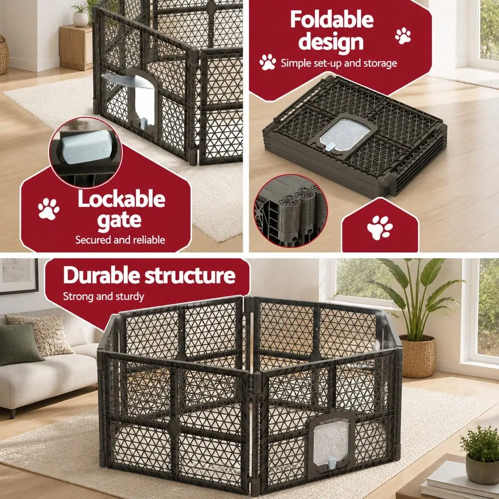Dog Playpen Enclosure Brown 6 Panel Foldable Plastic Pet Fence