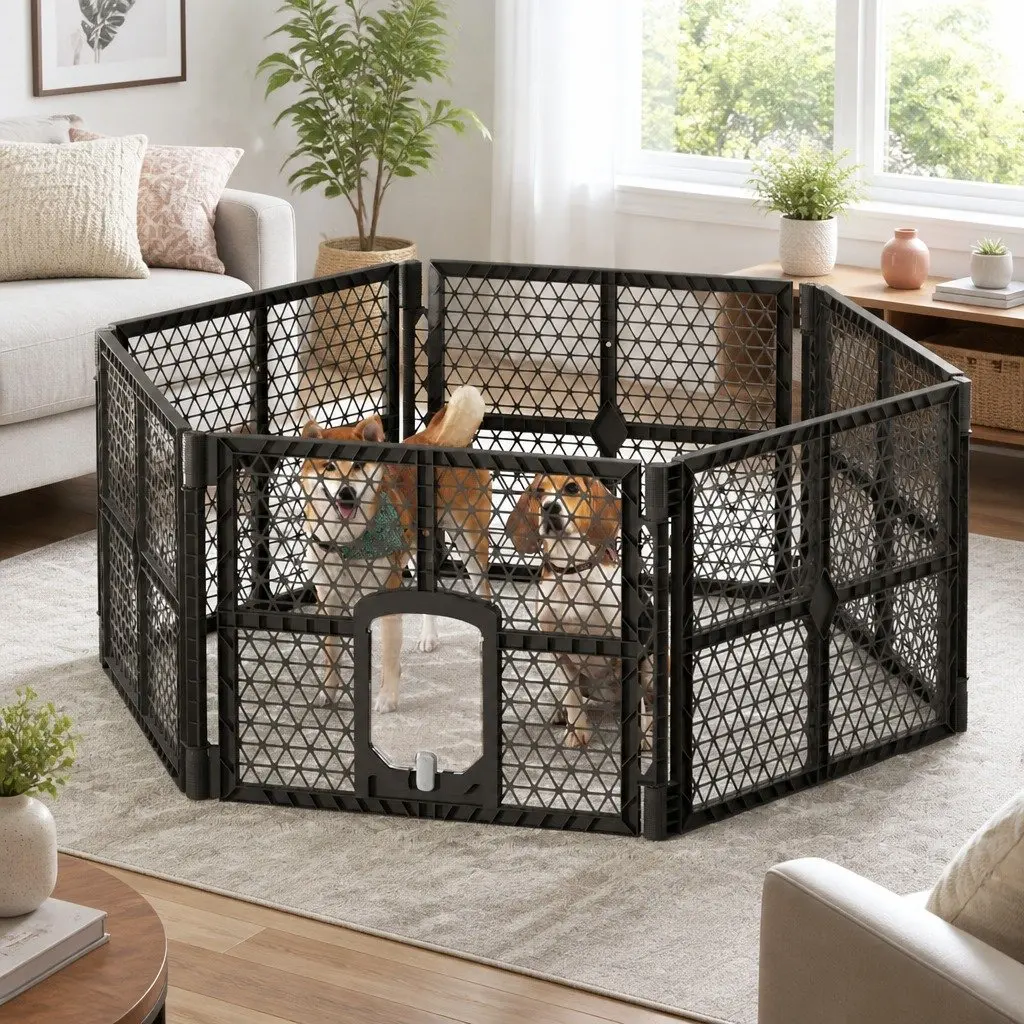 Dog Playpen Enclosure Brown 6 Panel Foldable Plastic Pet Fence