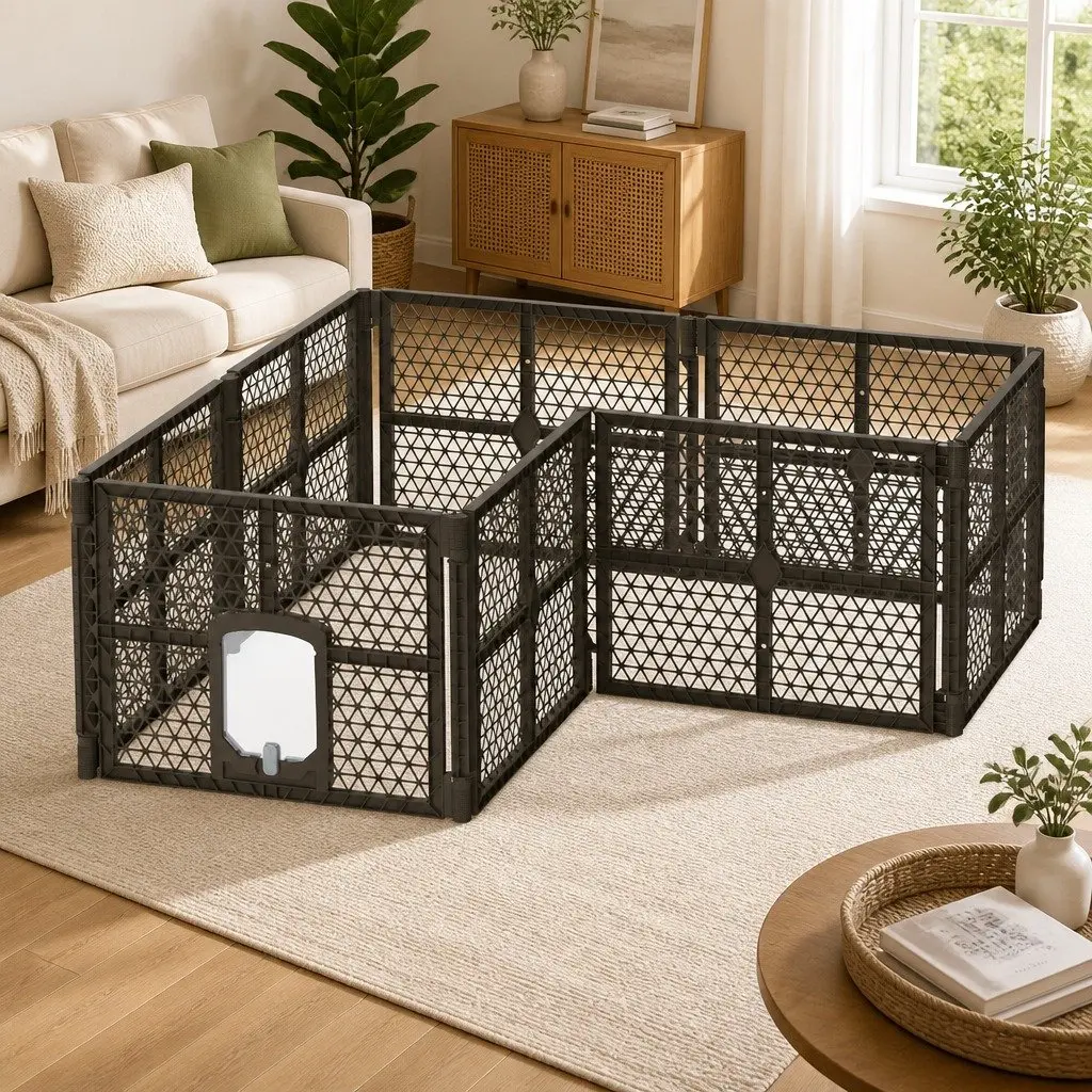 Dog Playpen Enclosure Brown 8 Panel Foldable Plastic Pet Fence