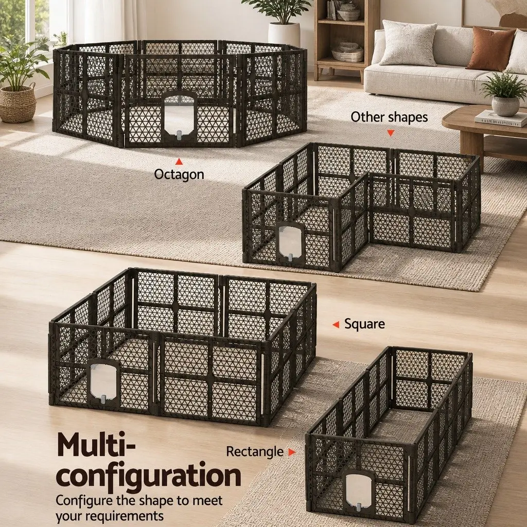 Dog Playpen Enclosure Brown 8 Panel Foldable Plastic Pet Fence