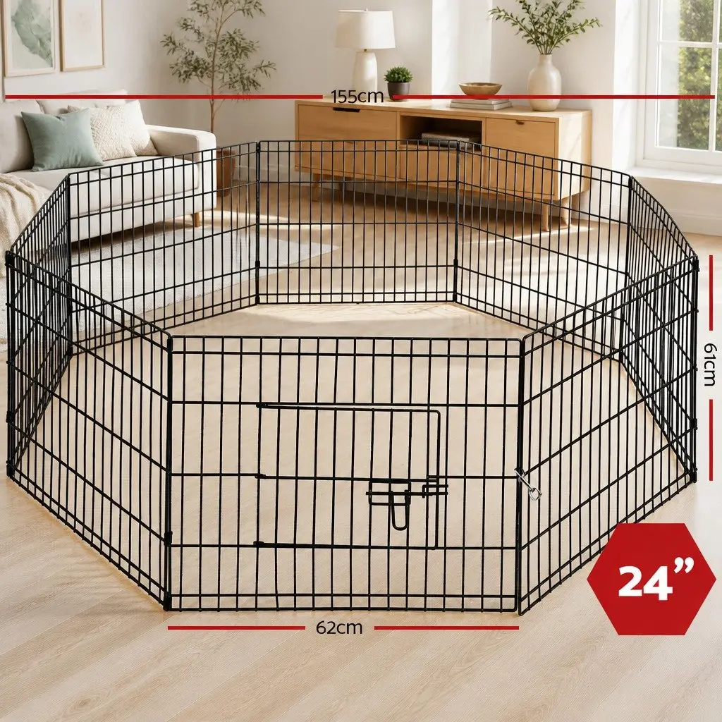 8 Panel Pet Playpen Black 24 Inch Foldable Exercise Pen Fence Enclosure