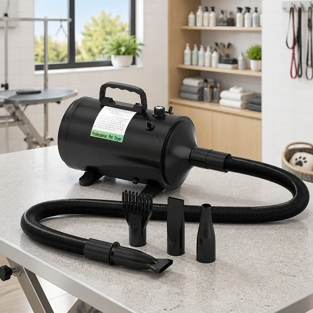Pet Hair Dryer Black Portable Low Noise Grooming Blower with Thermal Control and Flexible Hose