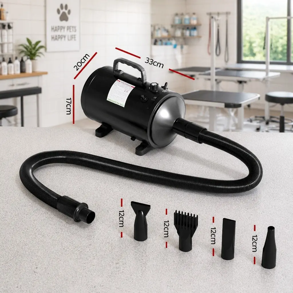 Pet Hair Dryer Black Portable Low Noise Grooming Blower with Thermal Control and Flexible Hose