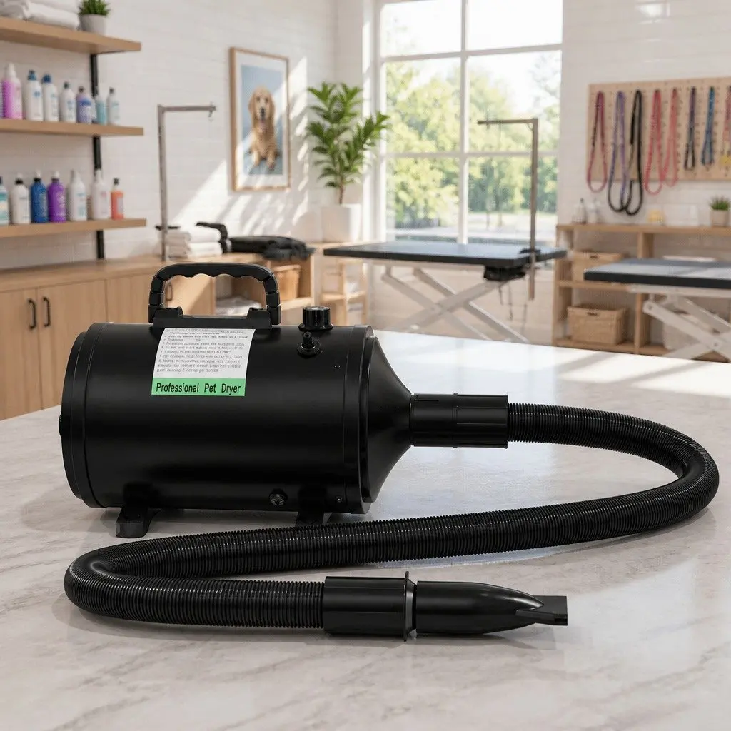 Pet Hair Dryer Black Portable Low Noise Grooming Blower with Thermal Control and Flexible Hose