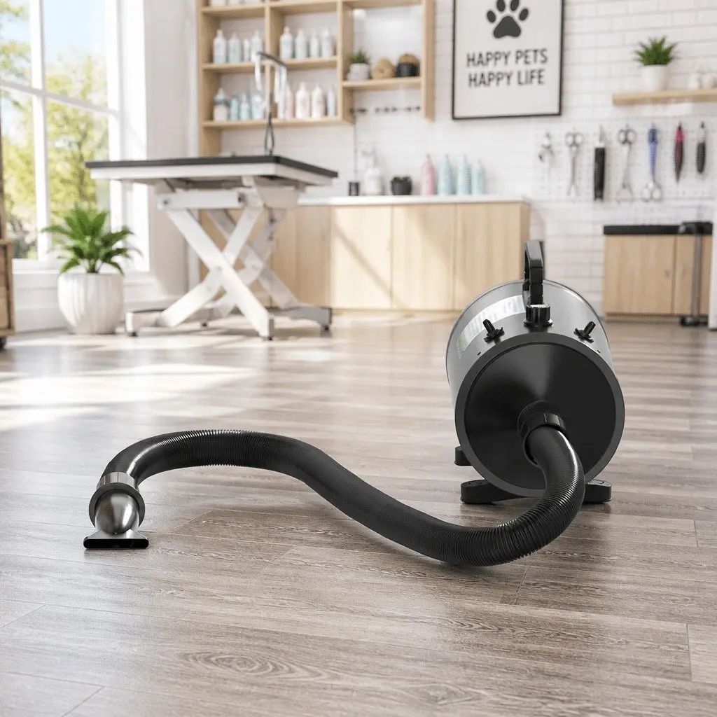 Pet Hair Dryer Black Portable Low Noise Grooming Blower with Thermal Control and Flexible Hose