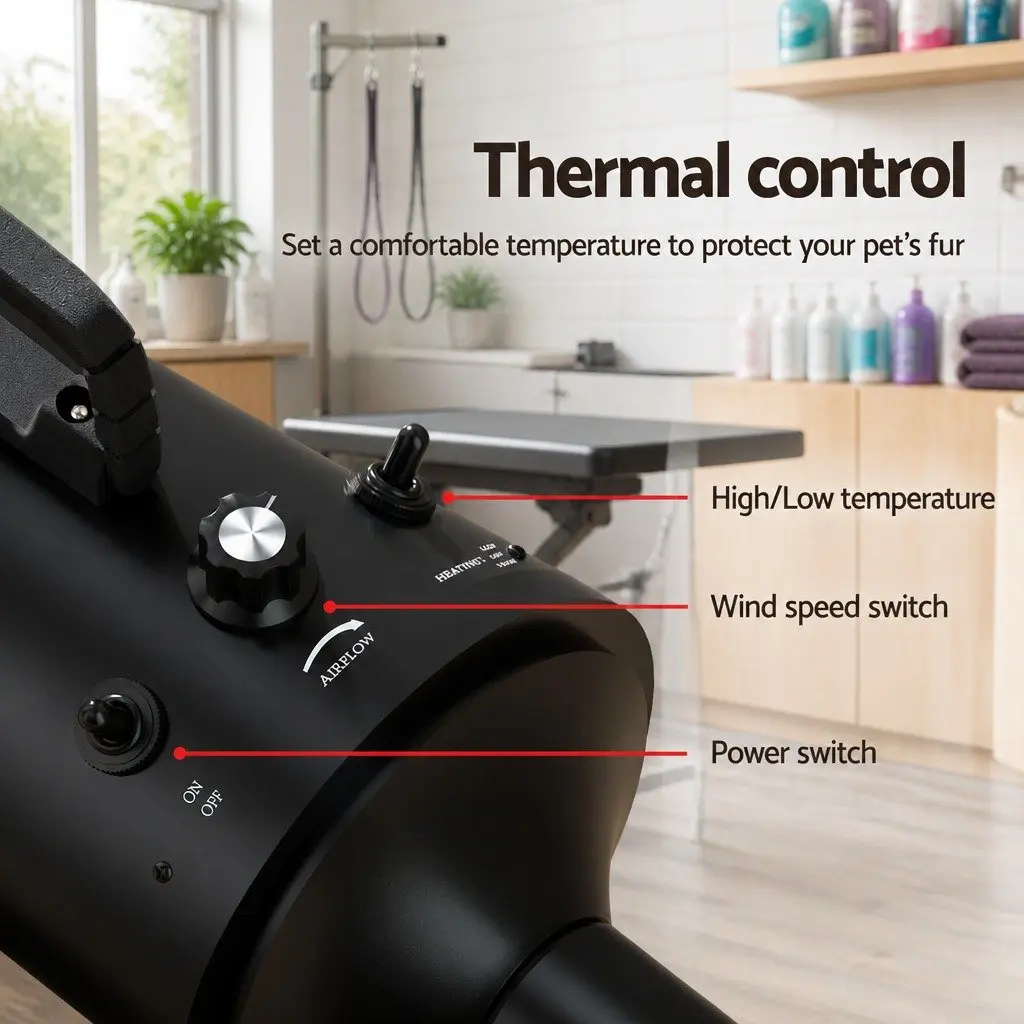 Pet Hair Dryer Black Portable Low Noise Grooming Blower with Thermal Control and Flexible Hose
