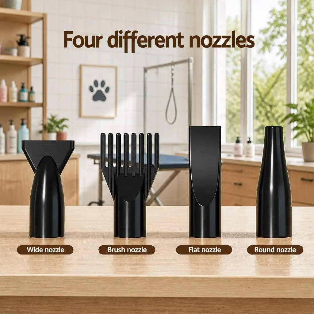 Pet Hair Dryer Black Portable Low Noise Grooming Blower with Thermal Control and Flexible Hose