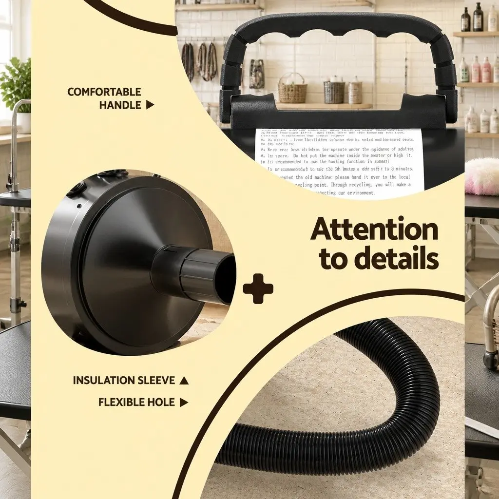 Pet Hair Dryer Black Portable Low Noise Grooming Blower with Thermal Control and Flexible Hose