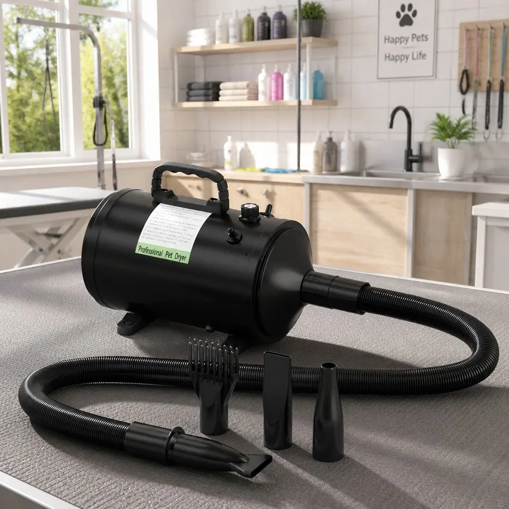 Pet Hair Dryer Black Portable Low Noise Grooming Blower with Thermal Control and Flexible Hose