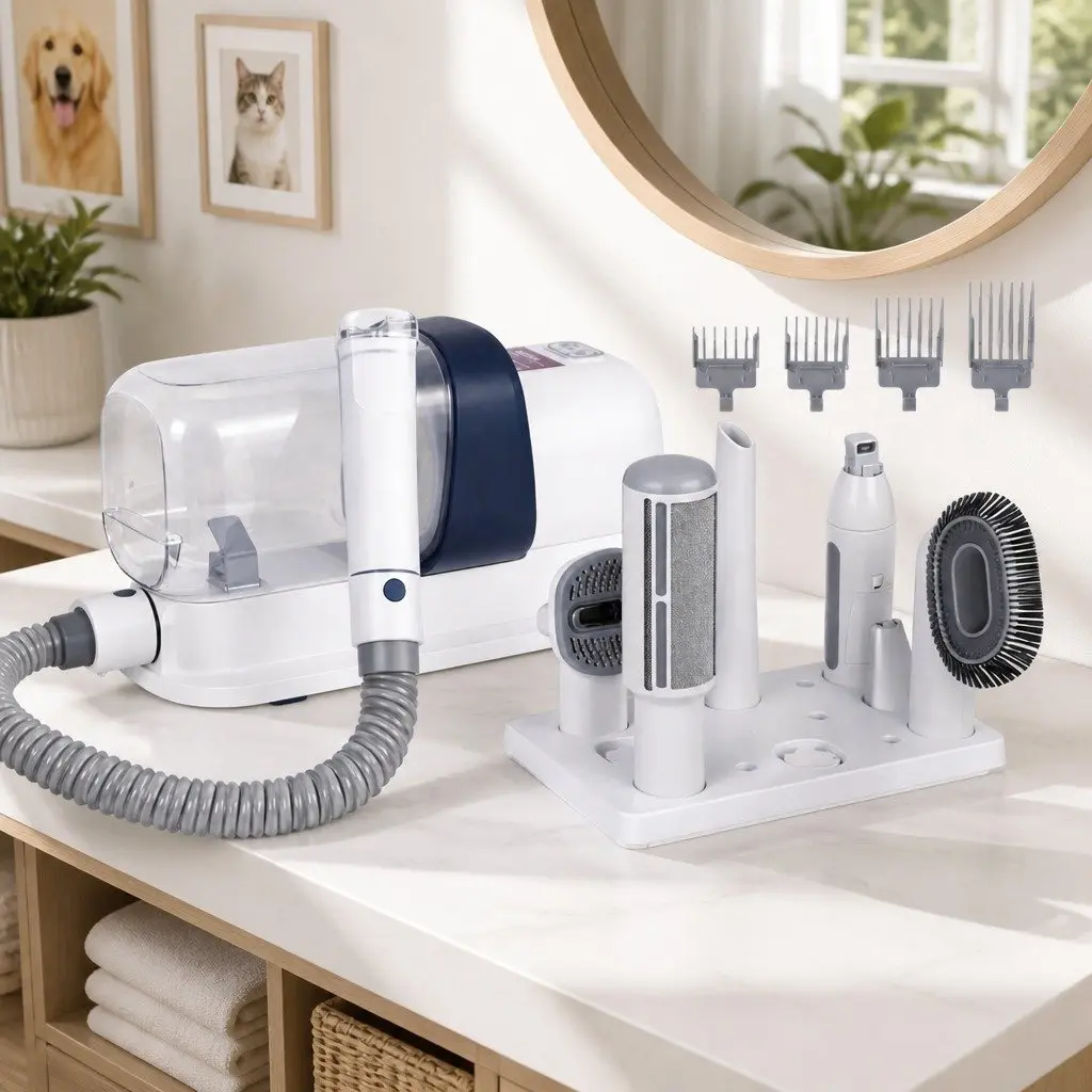 Pet Grooming Kit White 7-in-1 Vacuum Hair Dryer Clipper Brushes for Dog Cat Cleaning