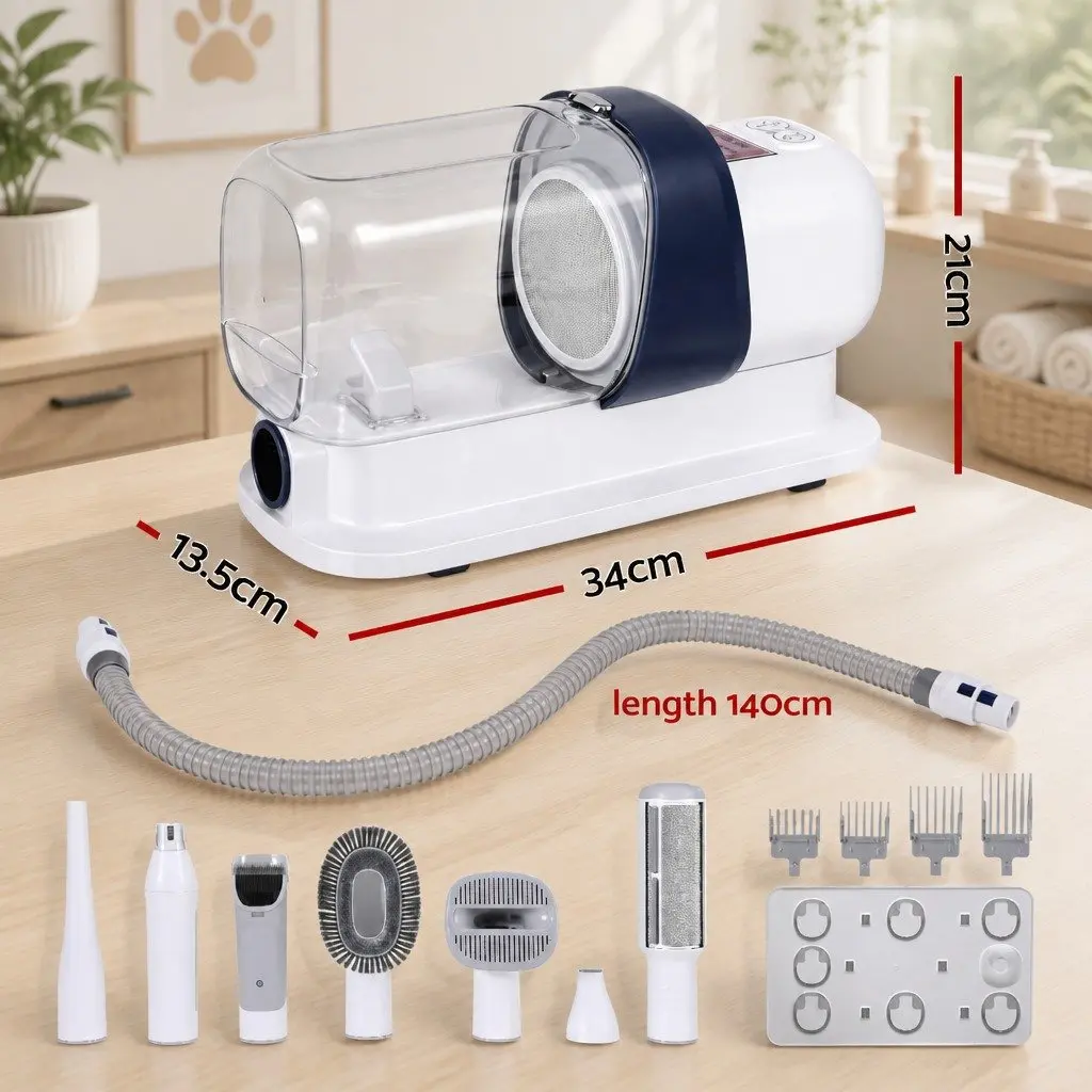 Pet Grooming Kit White 7-in-1 Vacuum Hair Dryer Clipper Brushes for Dog Cat Cleaning