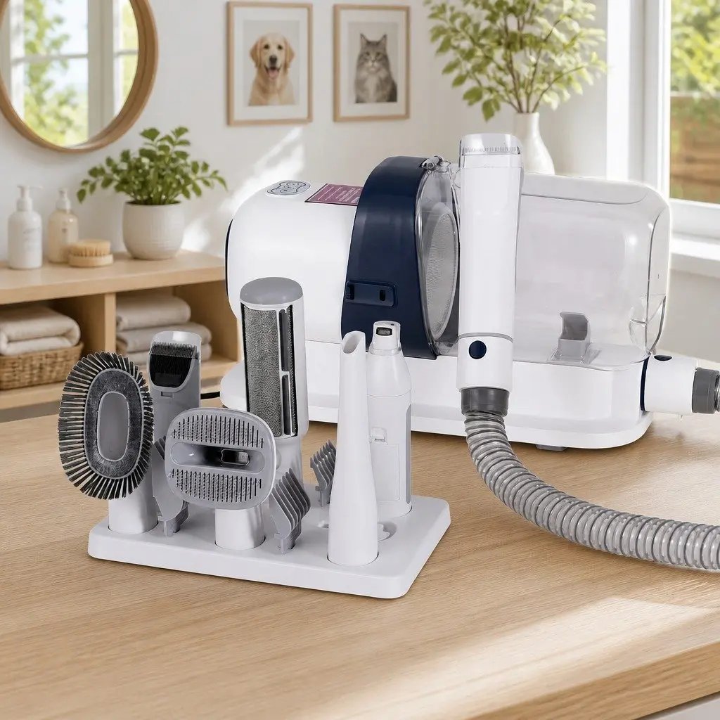 Pet Grooming Kit White 7-in-1 Vacuum Hair Dryer Clipper Brushes for Dog Cat Cleaning
