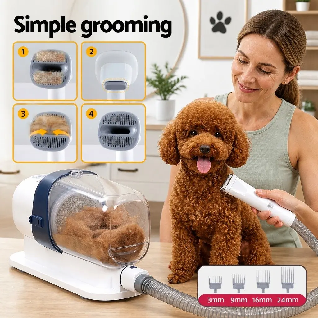 Pet Grooming Kit White 7-in-1 Vacuum Hair Dryer Clipper Brushes for Dog Cat Cleaning
