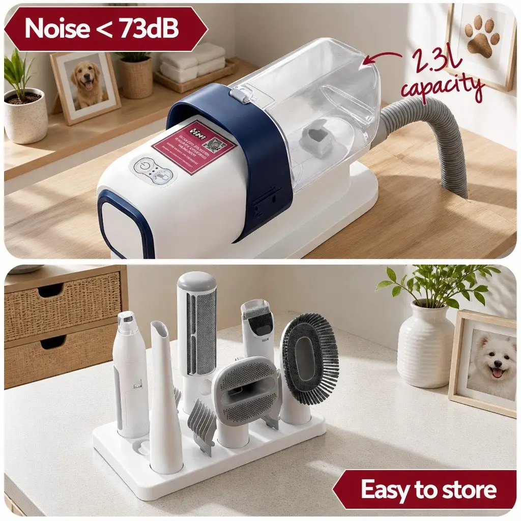Pet Grooming Kit White 7-in-1 Vacuum Hair Dryer Clipper Brushes for Dog Cat Cleaning