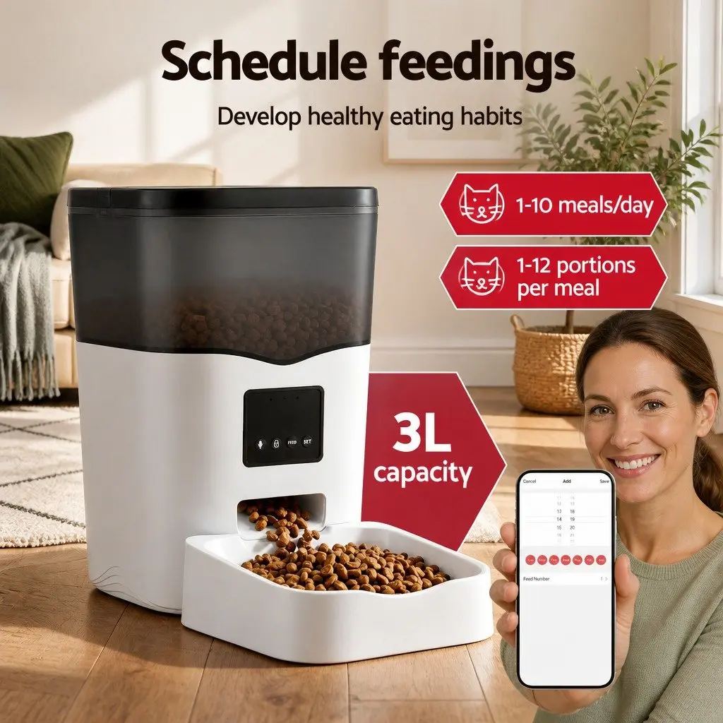 Automatic Pet Feeder Black 3L WiFi Smart Dog Cat Food Dispenser with Flexible Scheduling and Dual Power Options