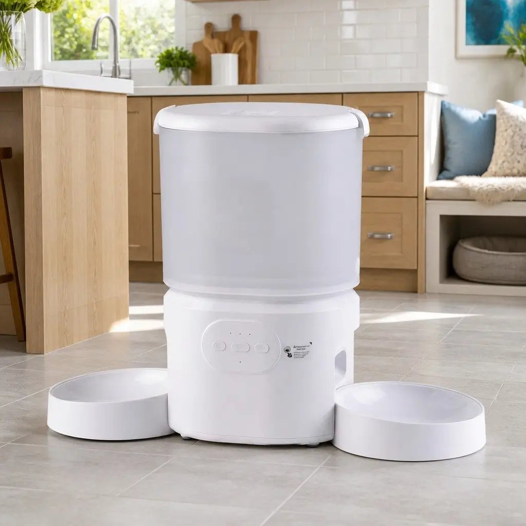Automatic Pet Feeder White 5L Dual Bowl Smart Dispenser with APP Control and WiFi for Cats and Dogs