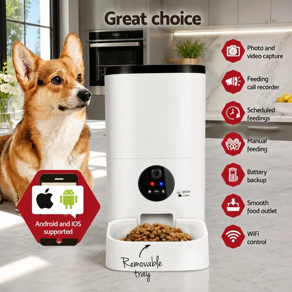 Automatic Pet Feeder White 6L WiFi Smart Food Dispenser with Camera Timer and Portions