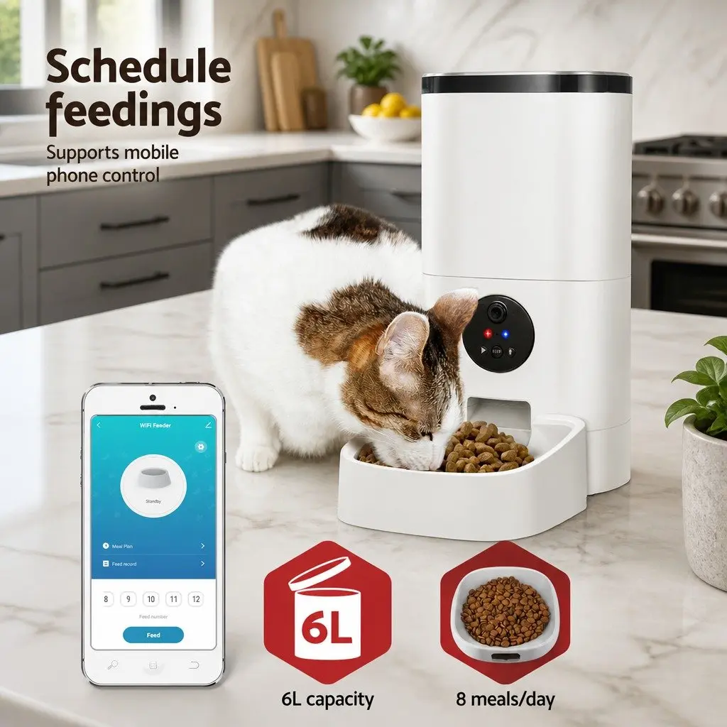 Automatic Pet Feeder White 6L WiFi Smart Food Dispenser with Camera Timer and Portions