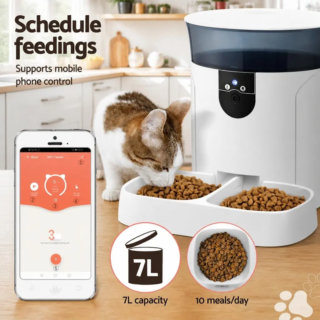 Pet Feeder White 7L WiFi Camera App Control Automatic Dog Cat Food Dispenser