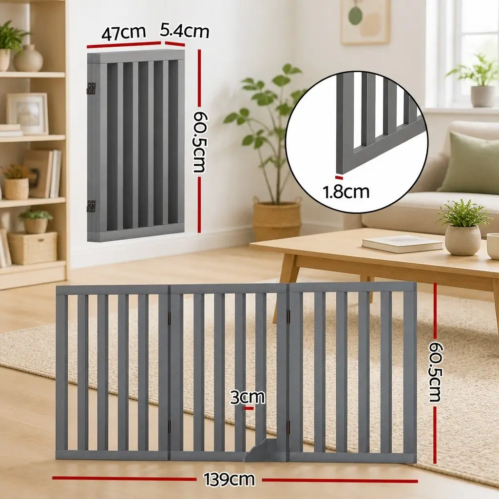 Dog Gate Playpen Enclosure 3 Panels Pet Door Fence Wooden Play Pen Grey Stair