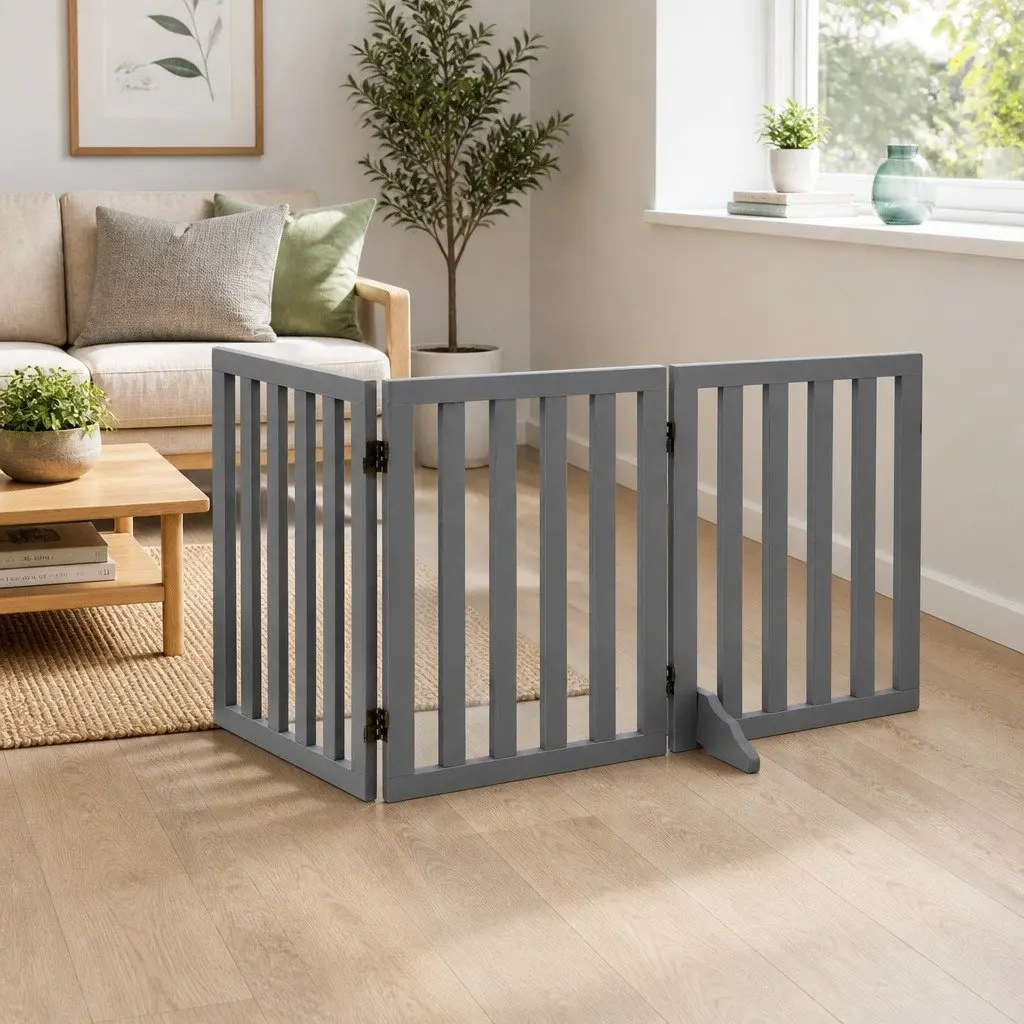 Dog Gate Playpen Enclosure 3 Panels Pet Door Fence Wooden Play Pen Grey Stair
