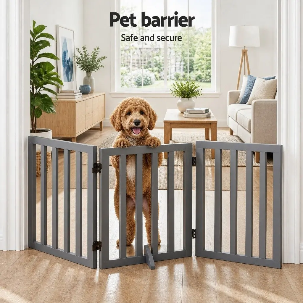 Dog Gate Playpen Enclosure 3 Panels Pet Door Fence Wooden Play Pen Grey Stair