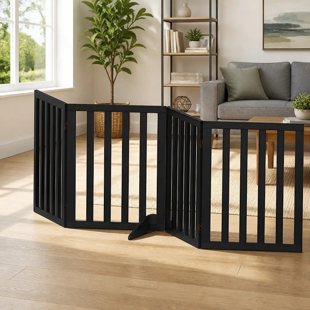 Dog Gate Playpen Enclosure 4 Panels Pet Door Fence Wooden Play Pen Stair Black