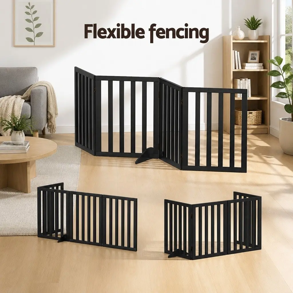 Dog Gate Playpen Enclosure 4 Panels Pet Door Fence Wooden Play Pen Stair Black