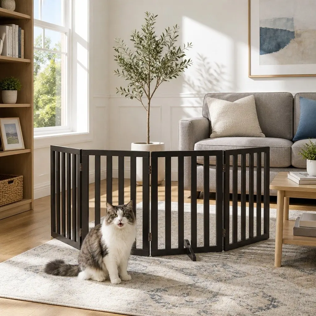Dog Gate Playpen Enclosure 4 Panels Pet Door Fence Wooden Play Pen Stair Black