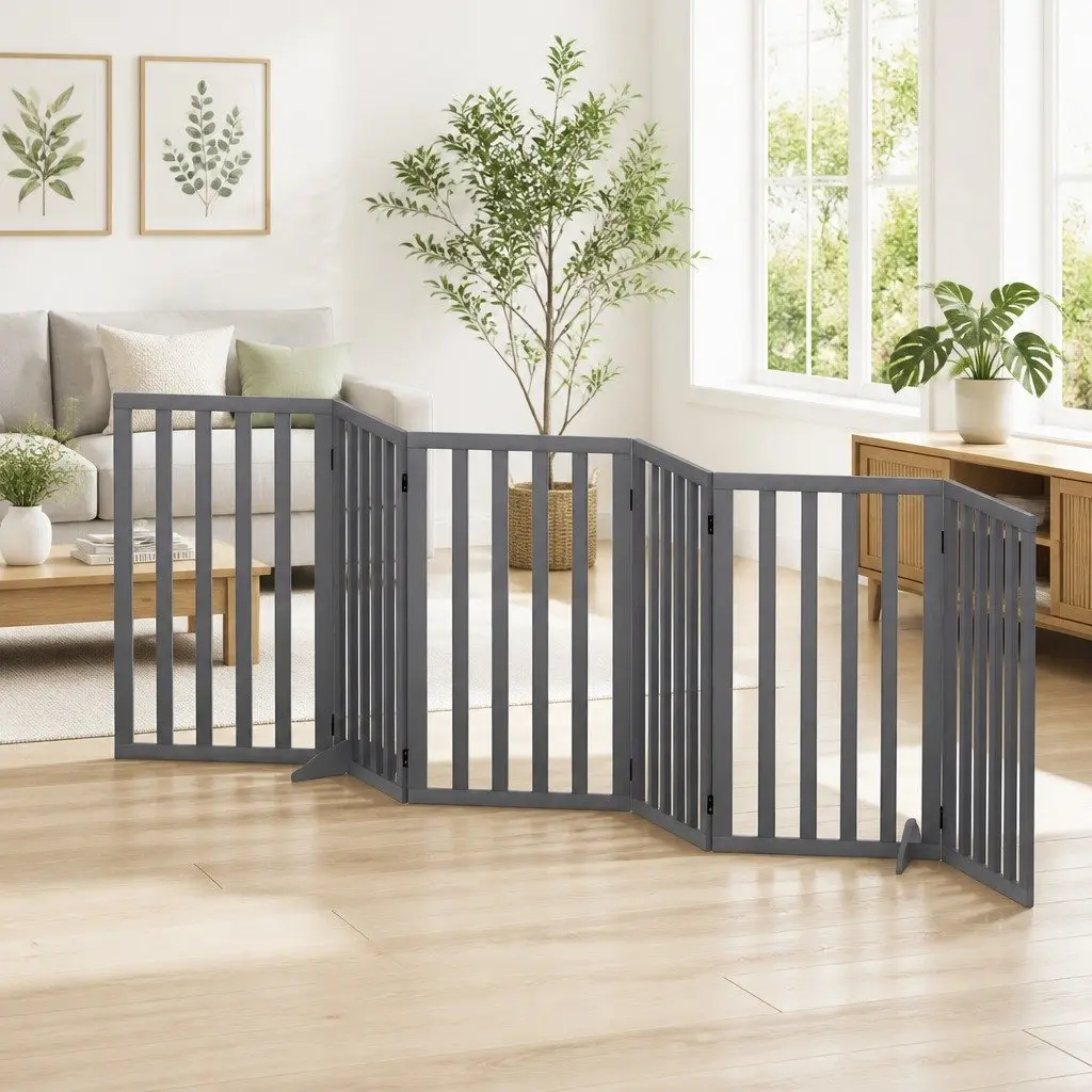 Dog Playpen Gate 6 Panels Pet Enclosure Foldable Wooden Play Pen Safety Fence