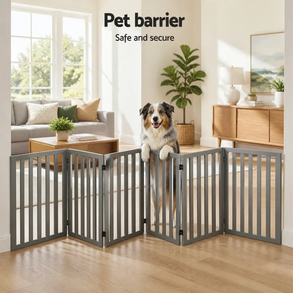 Dog Playpen Gate 6 Panels Pet Enclosure Foldable Wooden Play Pen Safety Fence