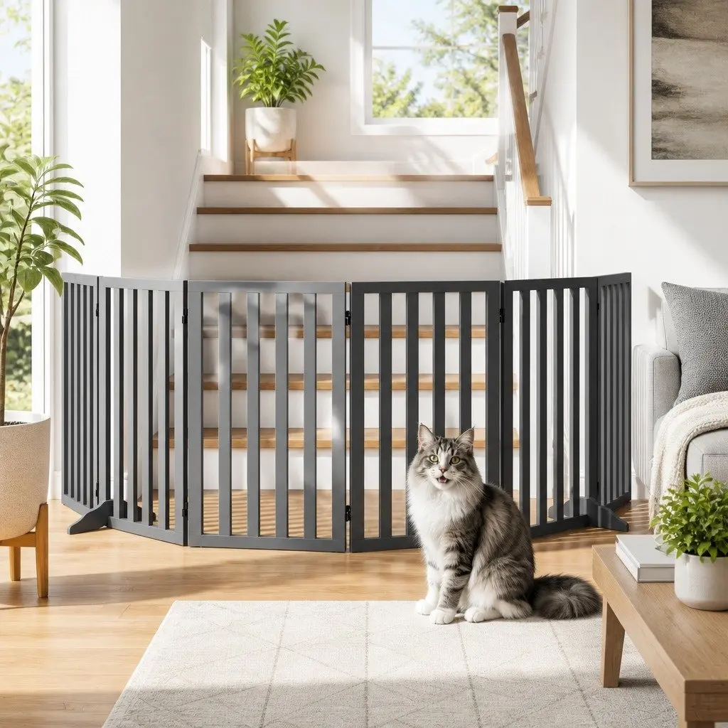 Dog Playpen Gate 6 Panels Pet Enclosure Foldable Wooden Play Pen Safety Fence