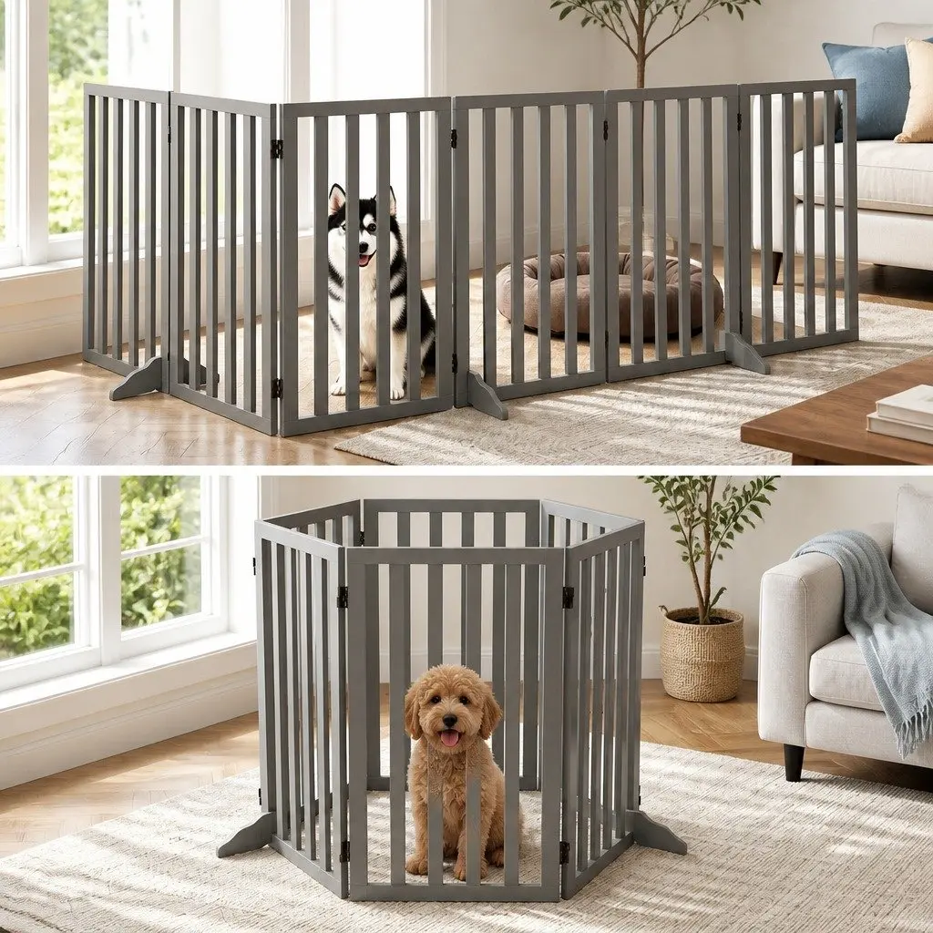 Dog Playpen Gate 6 Panels Pet Enclosure Foldable Wooden Play Pen Safety Fence