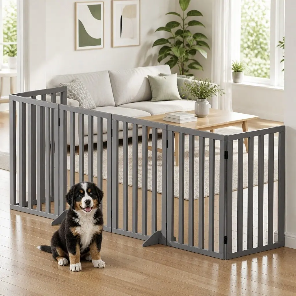 Dog Playpen Gate 6 Panels Pet Enclosure Foldable Wooden Play Pen Safety Fence