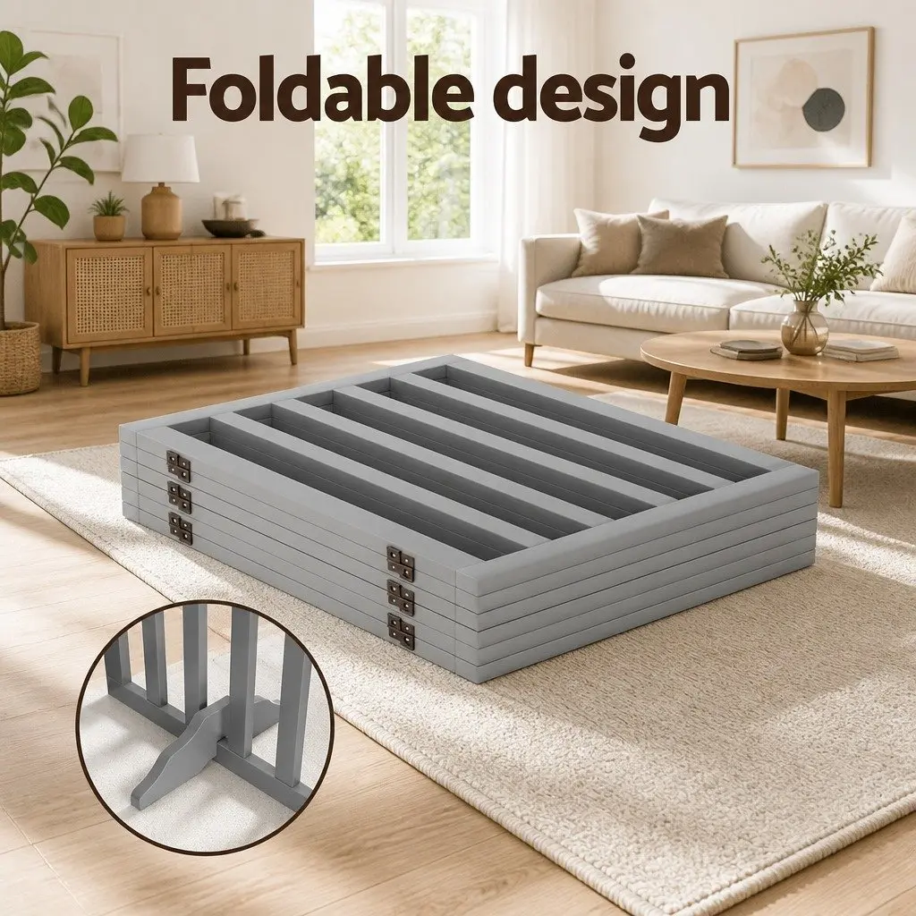 Dog Playpen Enclosure 6 Panel Pet Fence Wooden Play Pen Grey Foldable Gate