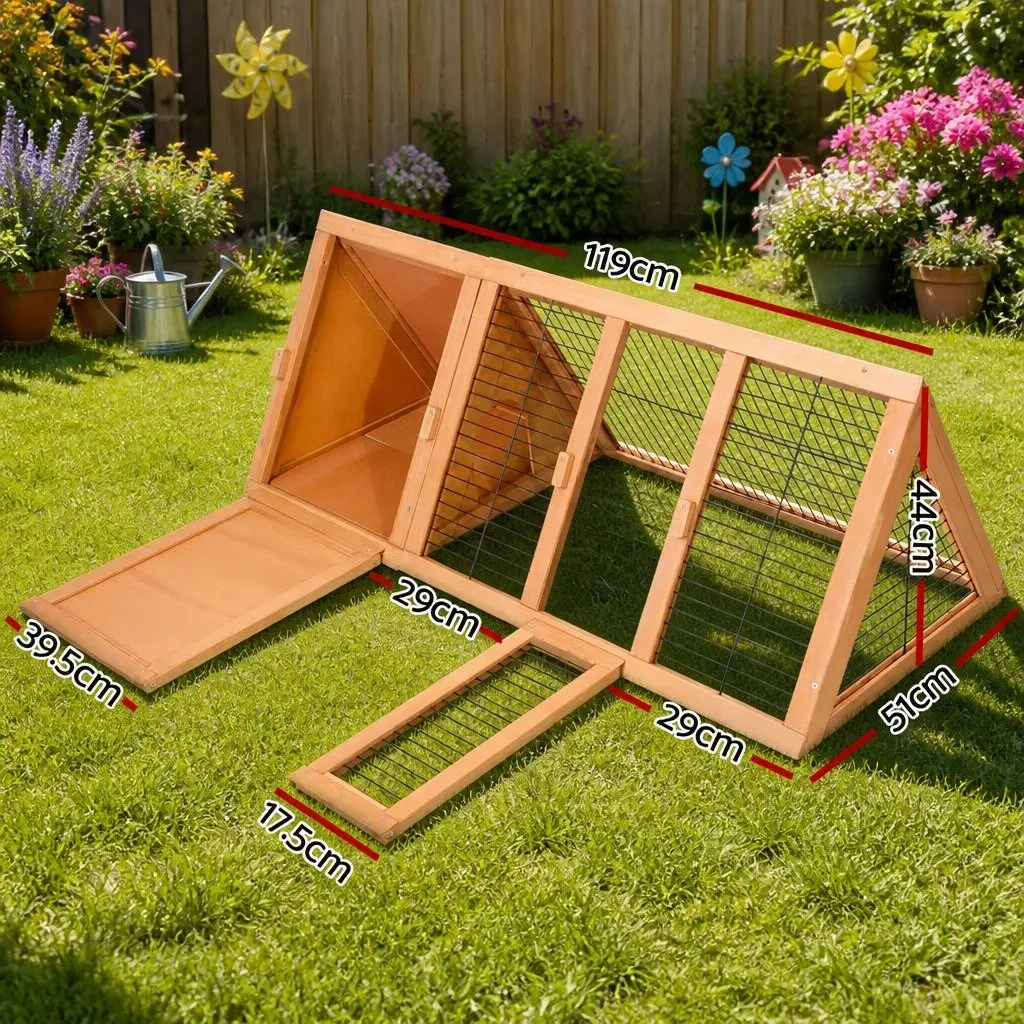 Rabbit Hutch Natural Wood 119cm Wooden Cage Outdoor Double Door Small Animal Run