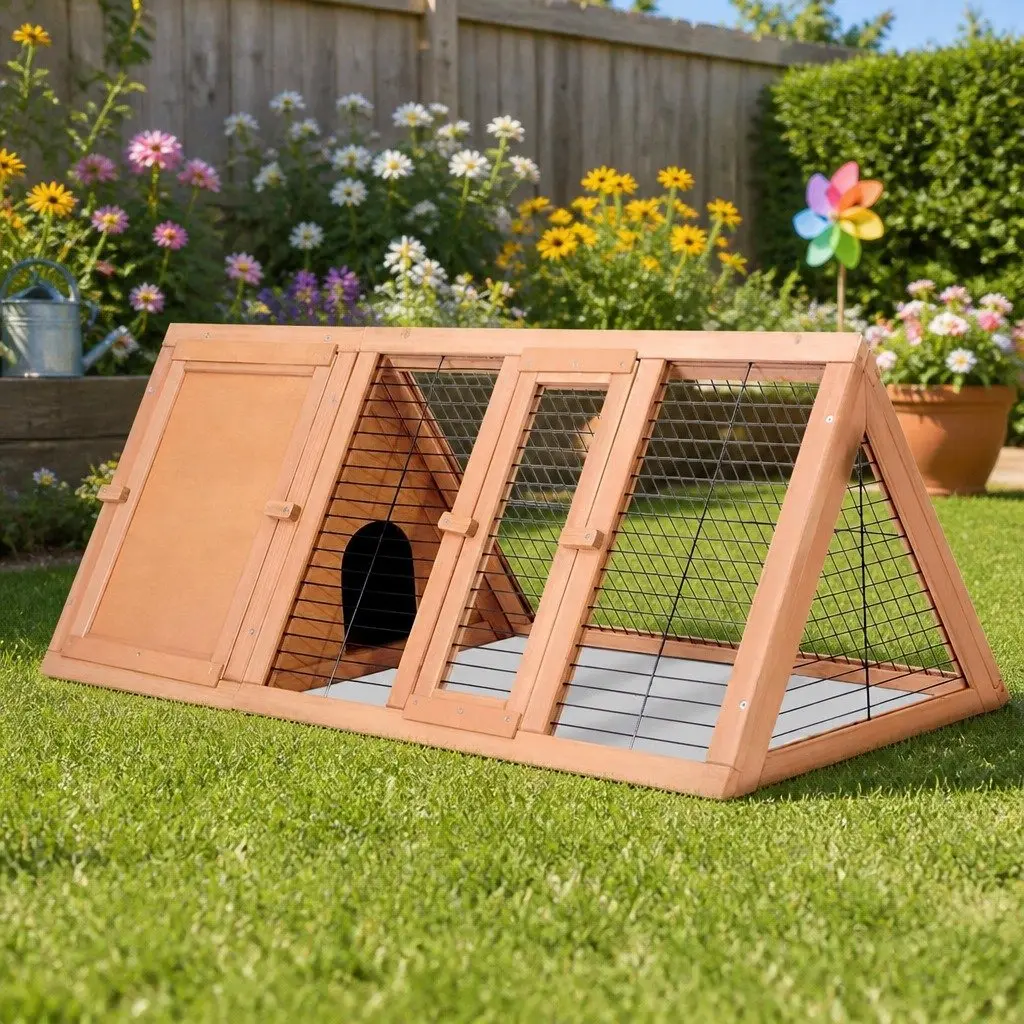 Rabbit Hutch Natural Wood 119cm Wooden Cage Outdoor Double Door Small Animal Run