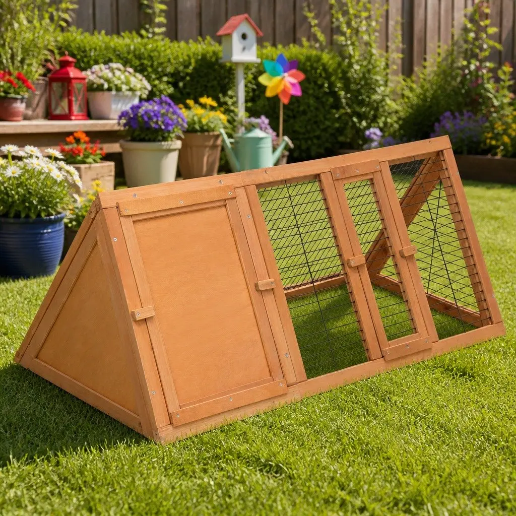 Rabbit Hutch Natural Wood 119cm Wooden Cage Outdoor Double Door Small Animal Run