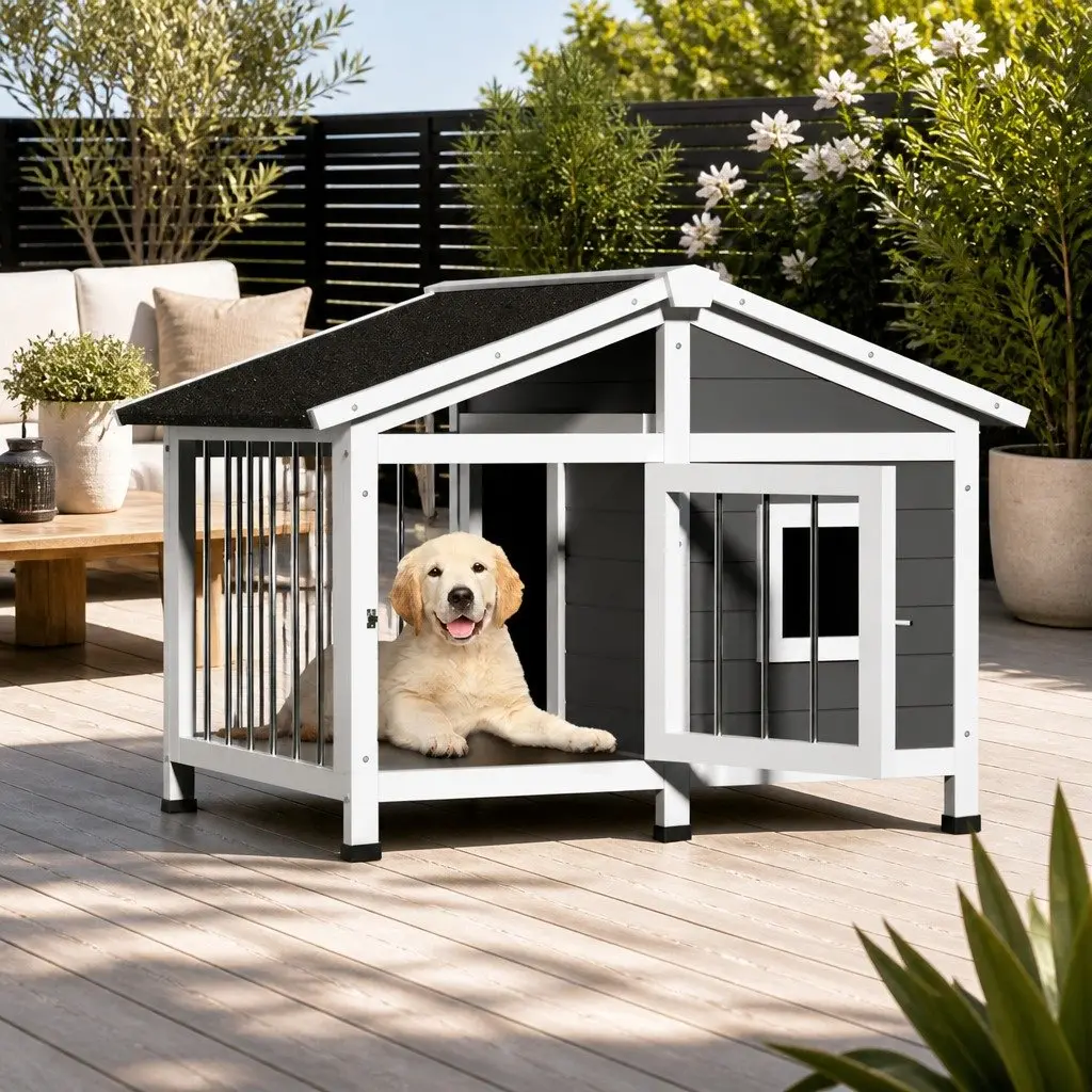 Dog Kennel House Grey Large Weatherproof Wooden Indoor Outdoor Pet Home Shelter