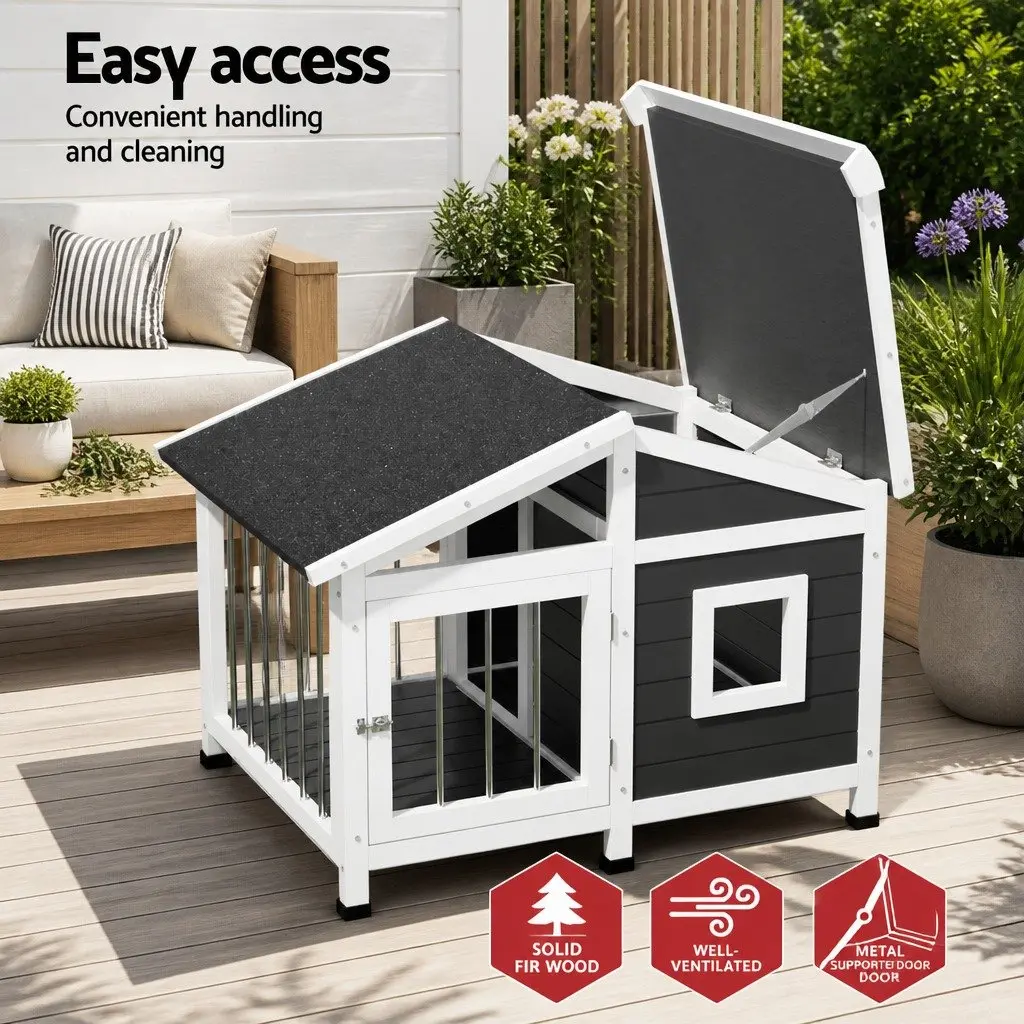 Dog Kennel House Grey Large Weatherproof Wooden Indoor Outdoor Pet Home Shelter