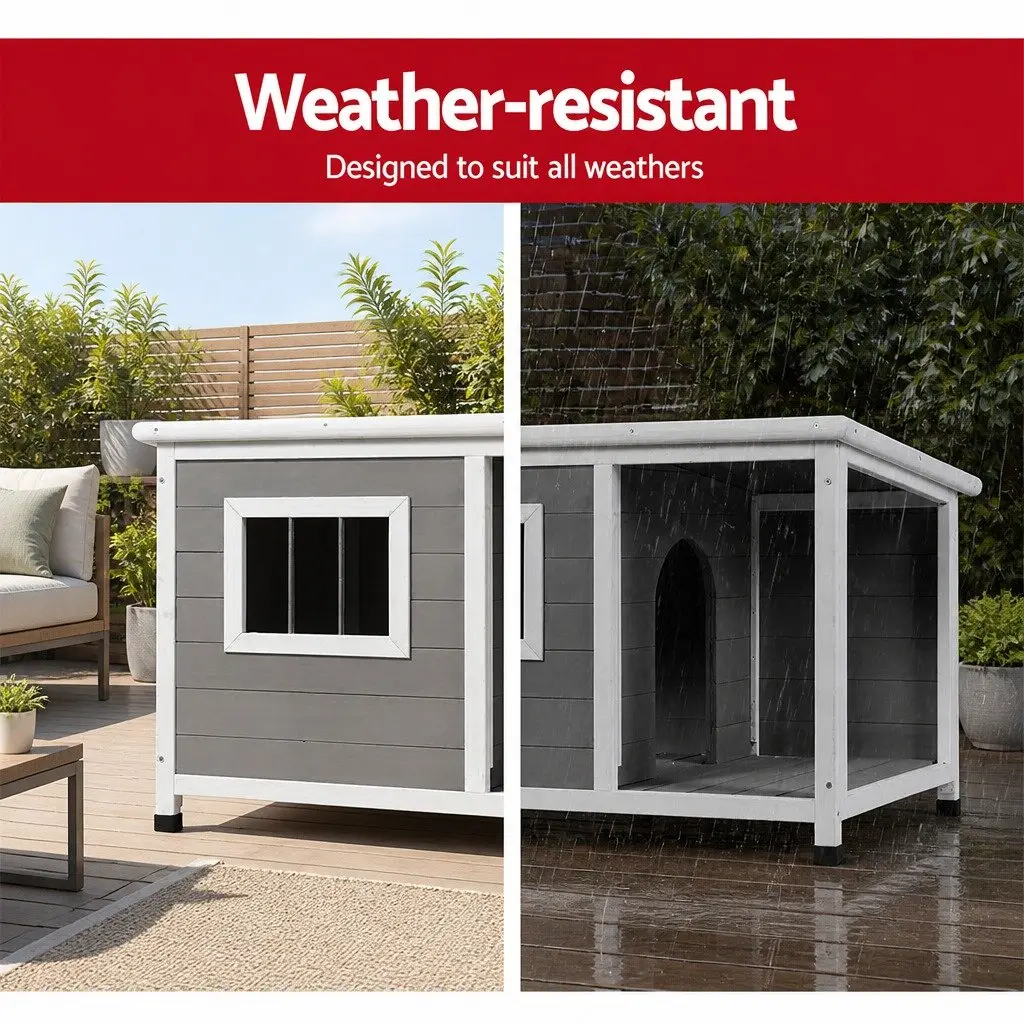Dog Kennel Grey Large Wooden Outdoor Indoor Puppy Cabin Log Pet Shelter