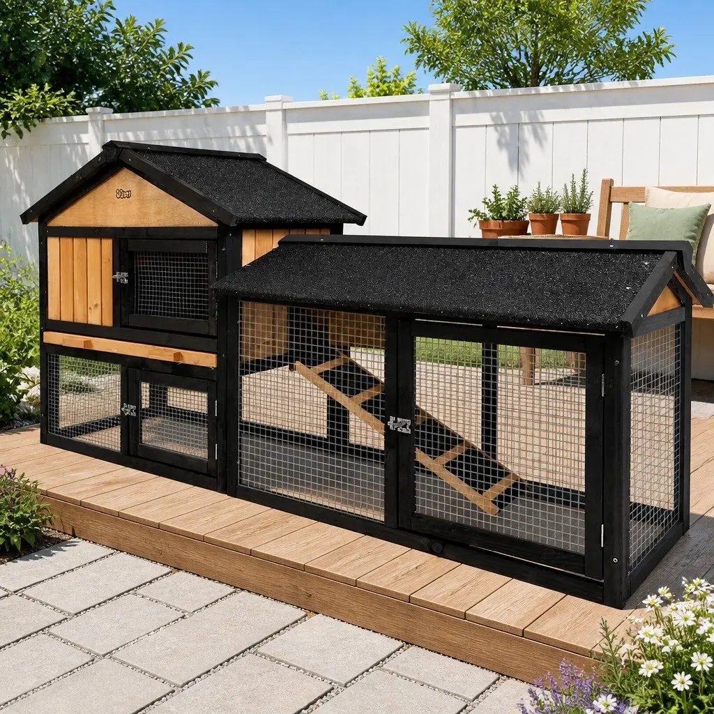Chicken Coop Rabbit Hutch Wooden Outdoor Pet House Large Run Cage 165cm Brown