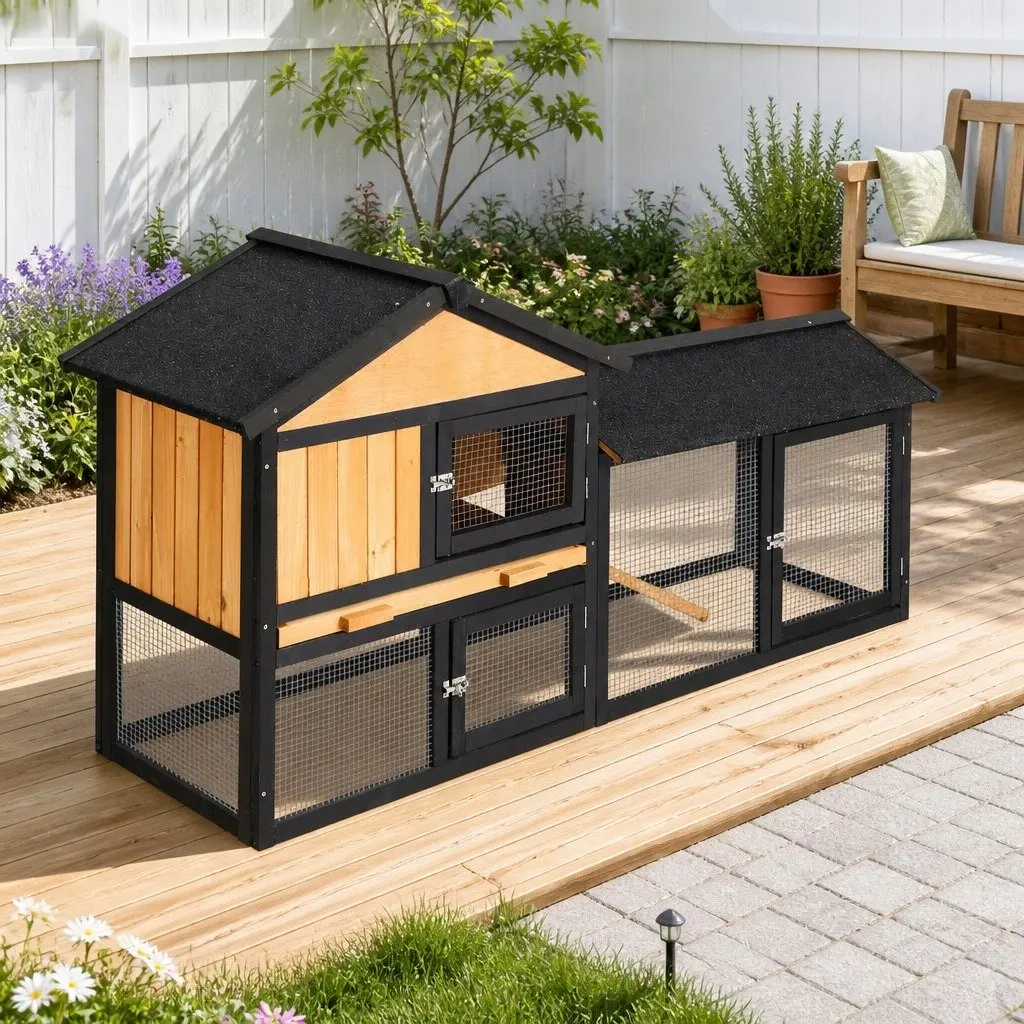 Chicken Coop Rabbit Hutch Wooden Outdoor Pet House Large Run Cage 165cm Brown