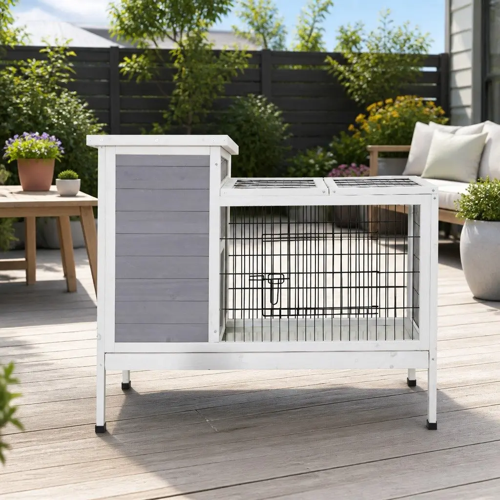 Wooden Rabbit Hutch Grey and White 97cm Large Outdoor Cage with Dual Areas and Slide Out Tray for Cleaning