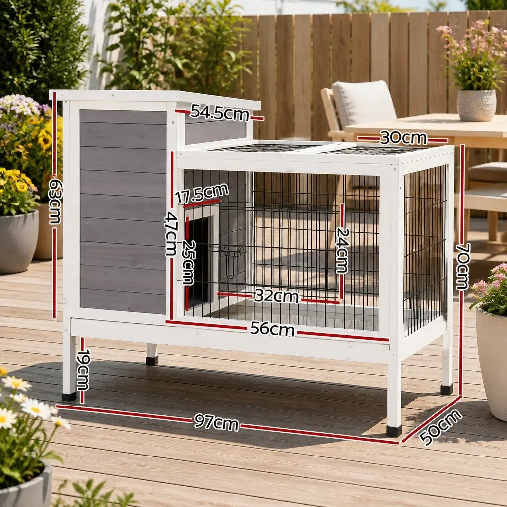 Wooden Rabbit Hutch Grey and White 97cm Large Outdoor Cage with Dual Areas and Slide Out Tray for Cleaning