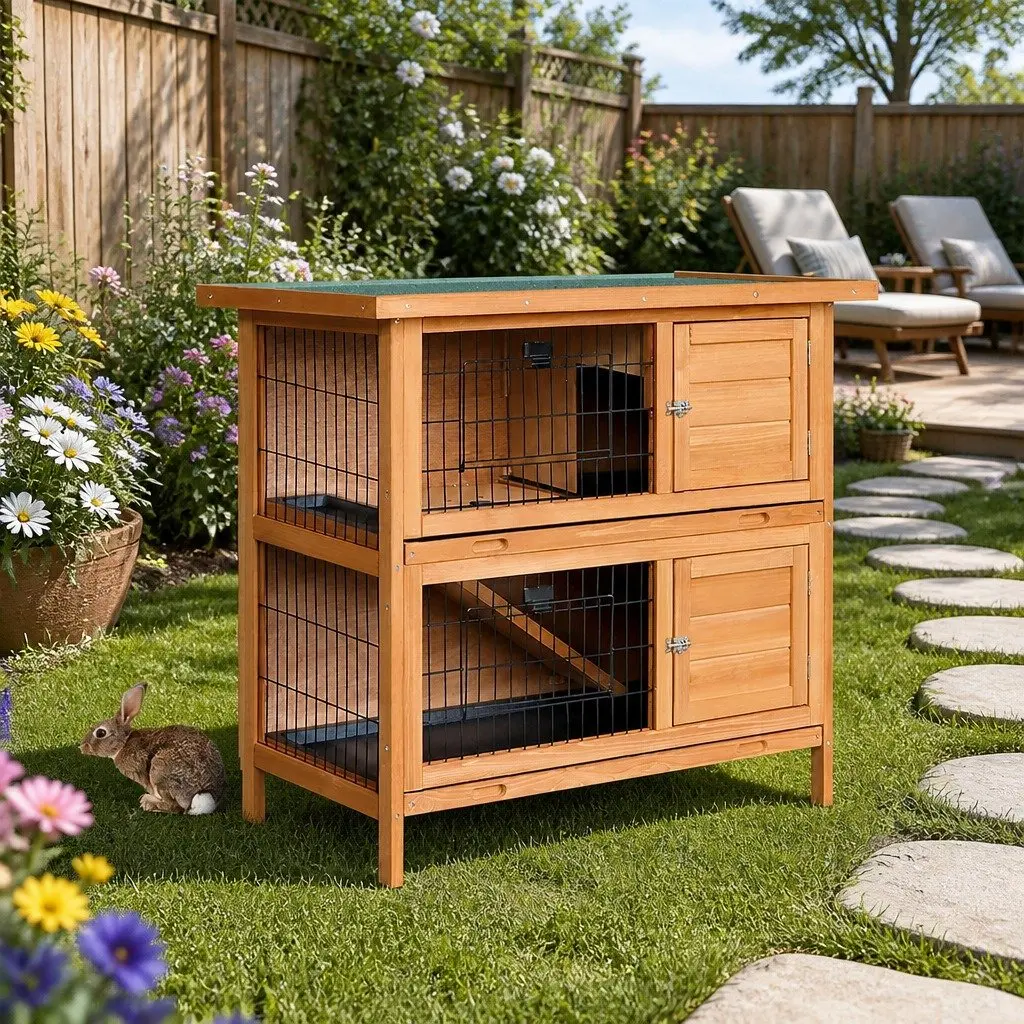 Rabbit Hutch Natural Wood 91.5cm Double Tier Cage with Foldable Ramp and Slide Out Tray
