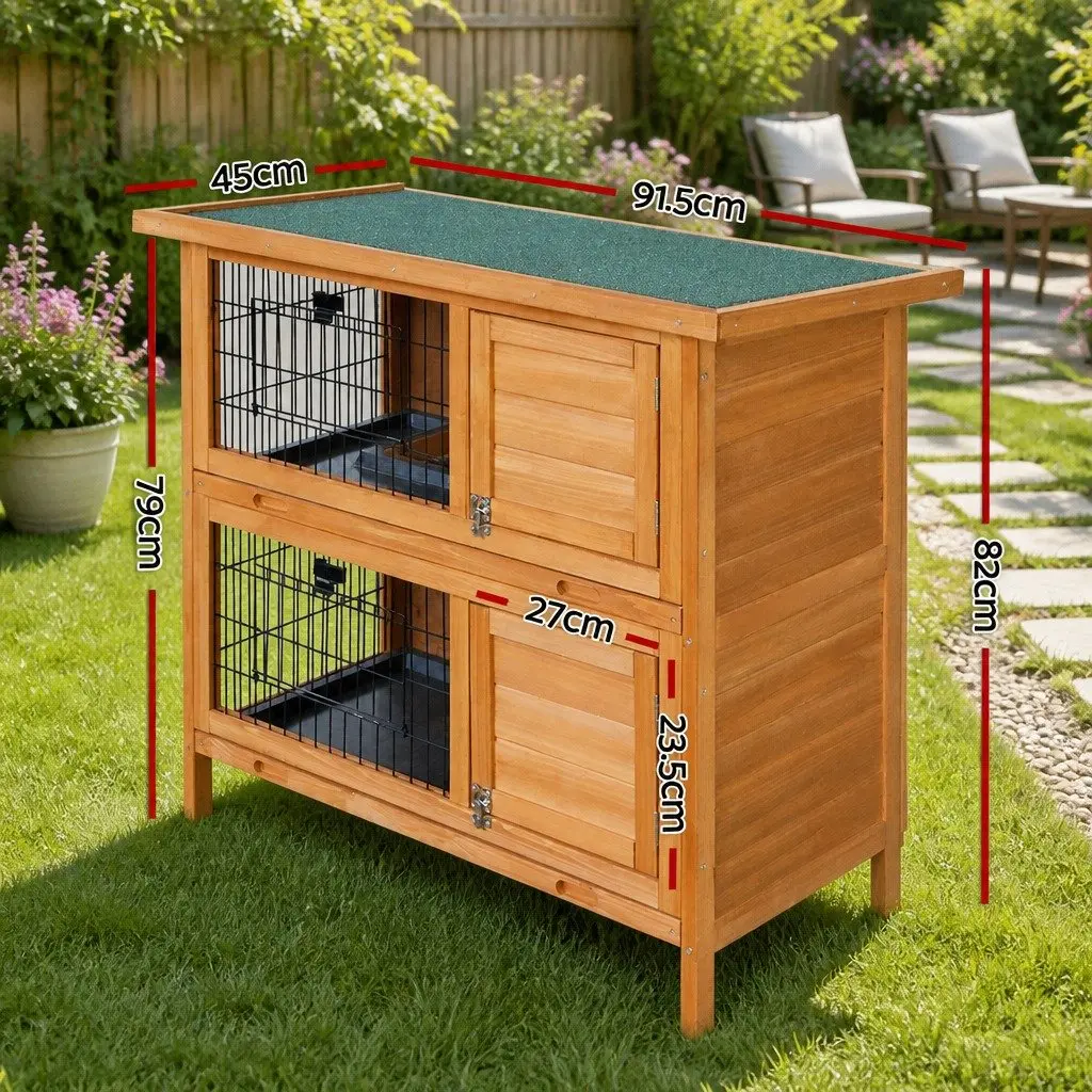 Rabbit Hutch Natural Wood 91.5cm Double Tier Cage with Foldable Ramp and Slide Out Tray