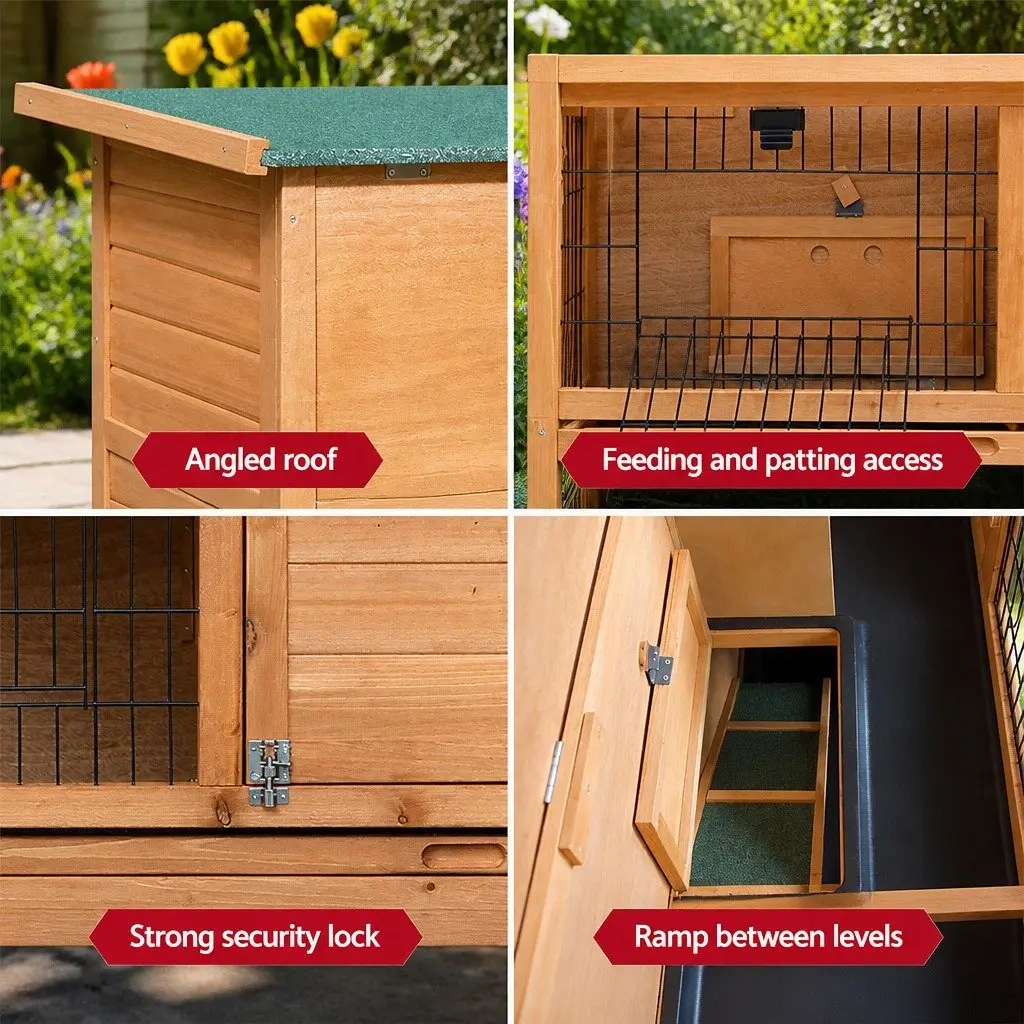 Rabbit Hutch Natural Wood 91.5cm Double Tier Cage with Foldable Ramp and Slide Out Tray